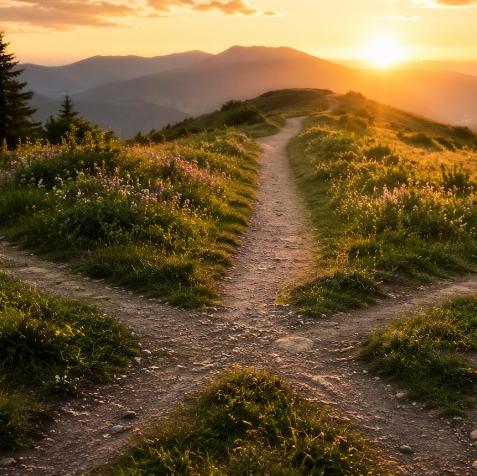 Ein Weg gabelt sich auf einem Bergrücken im Sonnenaufgang