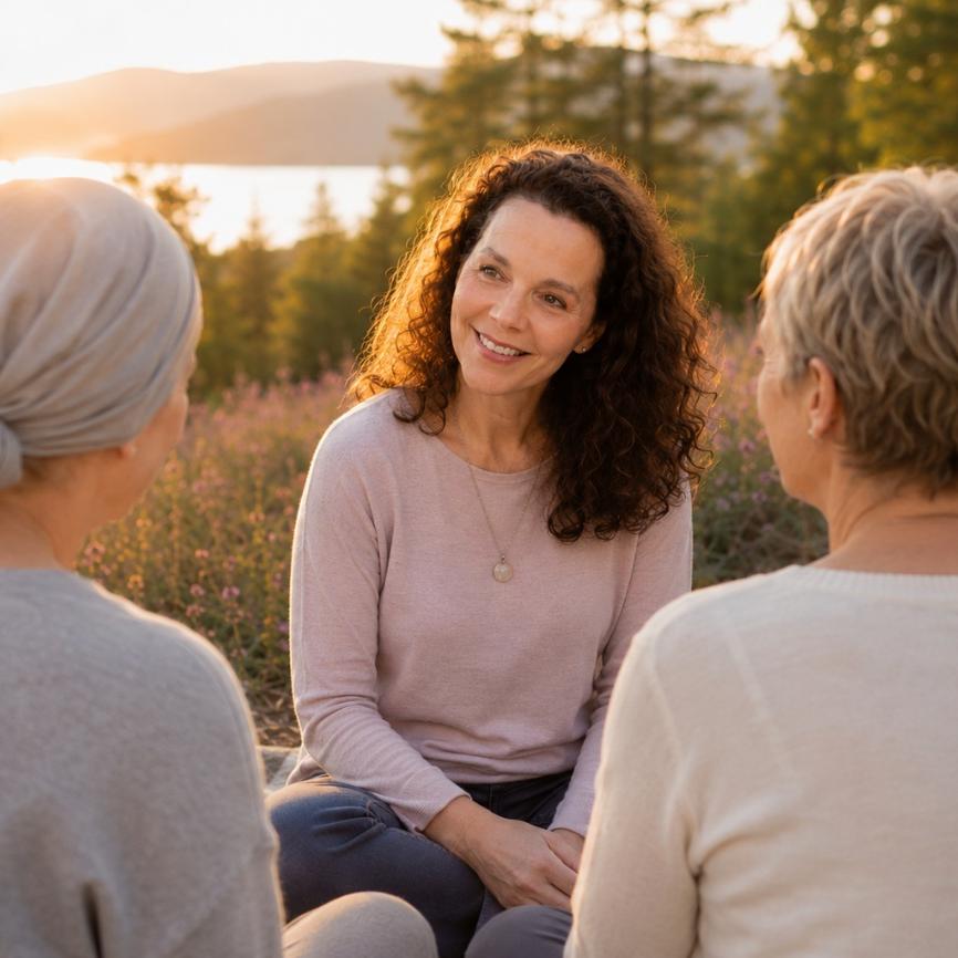 Sabina M. Schwaninger im Gespräch mit zwei Frauen in einer Abendlandschaft