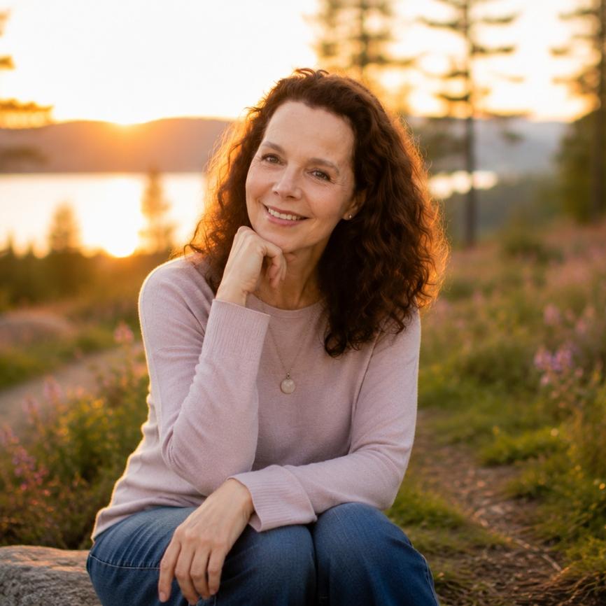Sabina M. Schwaninger sitzt bei Sonnenuntergang an einem See